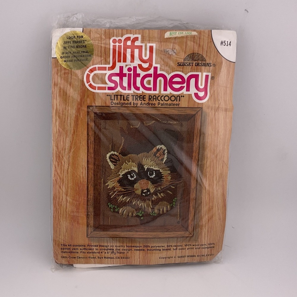 VNTG Jiffy Stitchery Little Tree Raccoon Crewel Embroidery Kit514 Sunset Designs